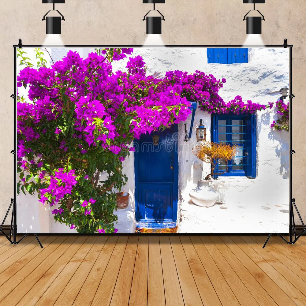 

Green Retro Street Seaside Island Scenery Old White Painted Houses Blooming Wedding Photos Photography Background Props FSJ-05