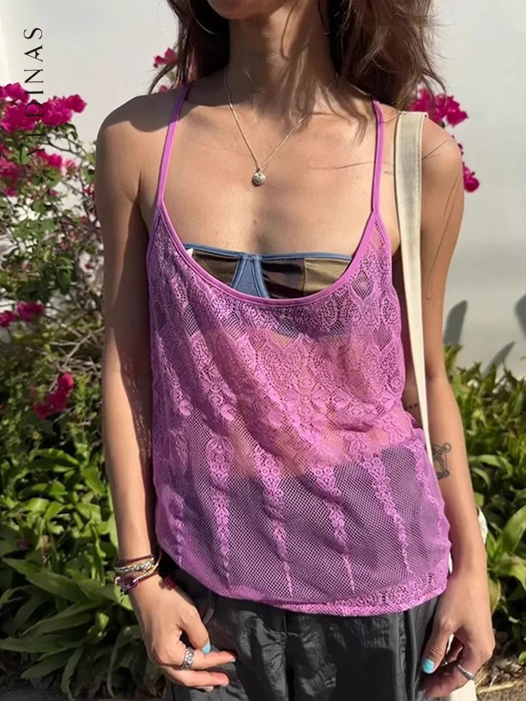 

Уличная одежда Yedinas, ажурные сетчатые топы, летние кружевные майки без рукавов Y2k, Свободные корейские модные топы Y2k с лямкой на шее, шикарная кофта