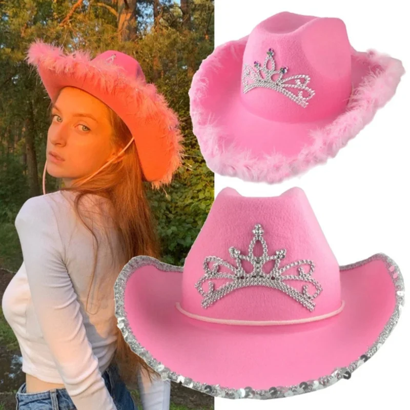 New Pink Tiara Western Style Cowgirl Hat For Women Girl Rolled Fedora