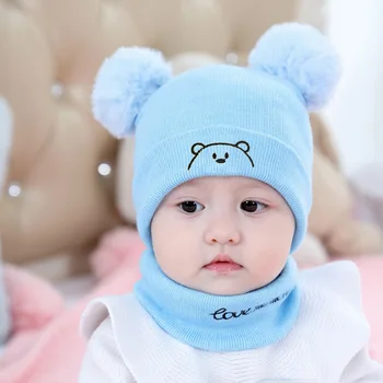 2pcs Winter Baby Hat Scarf Set Toddler Girl Boy Cap Knitted Beanie Fur Ball Cartoon Bear Snow Outfit Infant Accessories 1