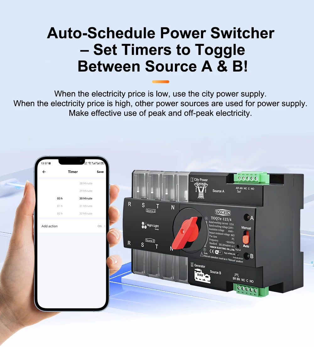 Din Rail eWelink WIFI Smart ATS Timer 230V Dual Power Automatic Transfer Selecto