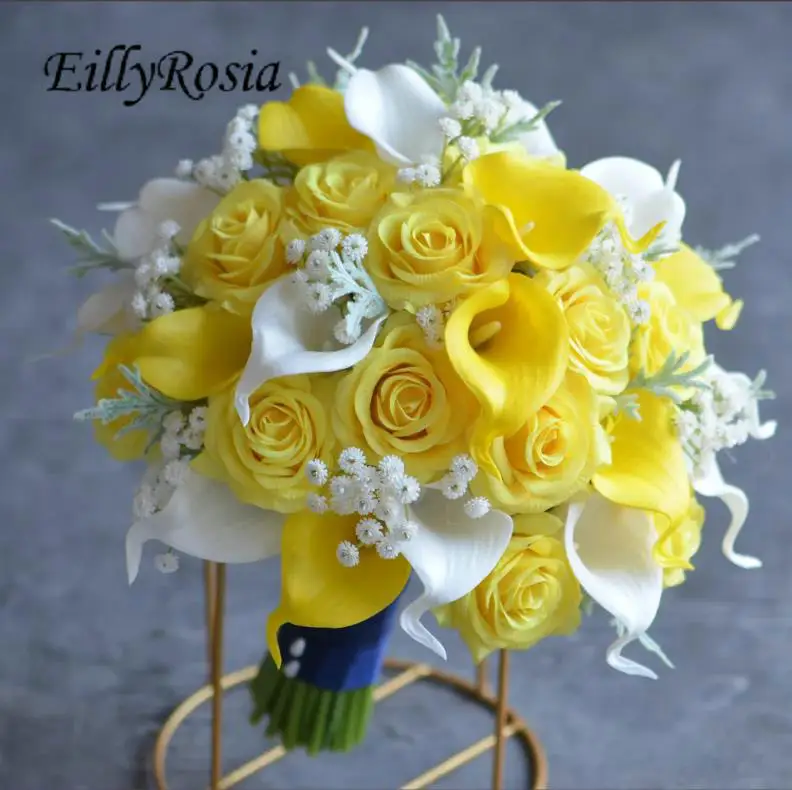 

EillyRosia White and Yellow Calla Lily Bridal Bouquet Real Touch Beautiful Chic Bridesmaid Flowers Bouquet Demoiselle d’honneur