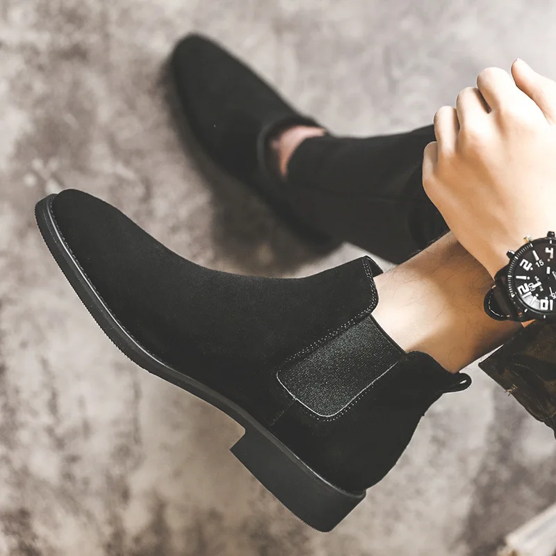 

men's casual breathable chelsea boots black brown cow suede leather shoes slip-on cowboy boot handsome ankle botas hombre zapato