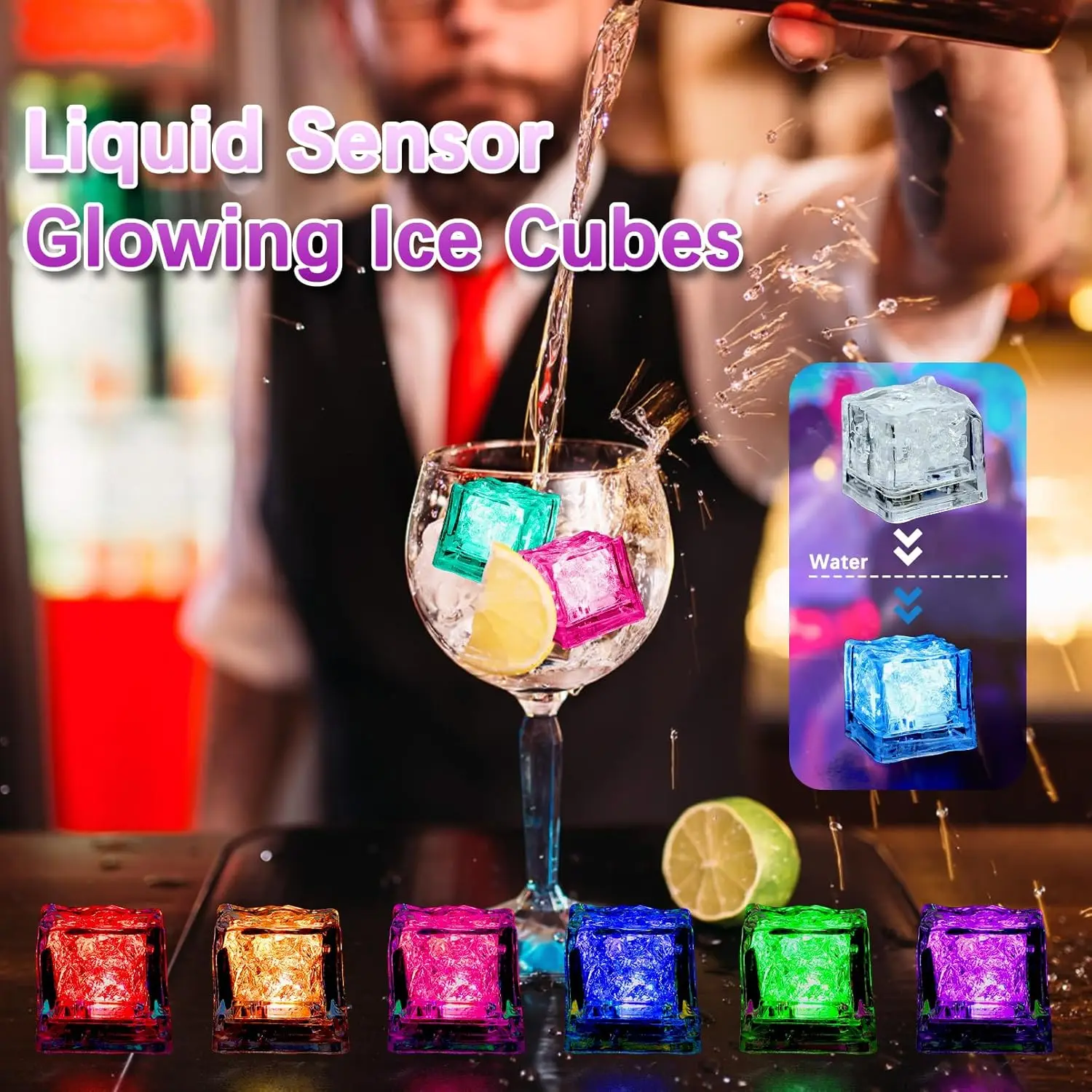 Luminous Ice Cubes Glow Light 12pc Waterproof LED Ice Cubes Light Up Ice Cubes Reusable Flashing Glow Liquid Sensor Glowing Drinks Bar