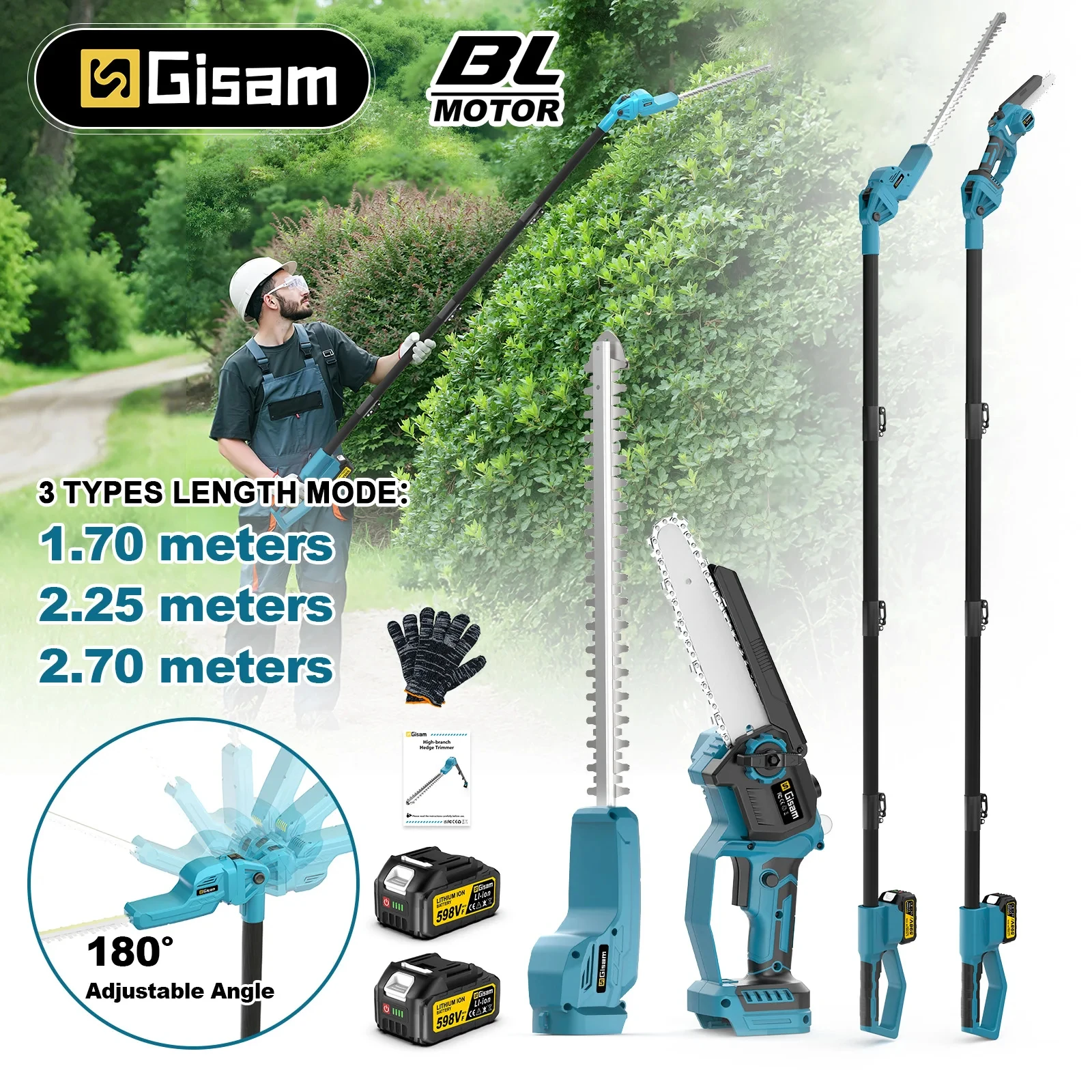 Gisam 2in1 Brushless High Branch Saw & Hedge Trimmer Cordless Multifunction tool Trimmer & Chainsaw For makita 18v battery pin