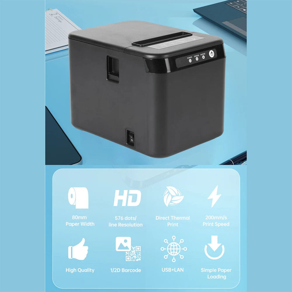 80mm Receipt Printer ESC/POS Thermal Printer Desktop Direct Print USB+LAN Connection High Efficiency with Auto Cutter Large Pape