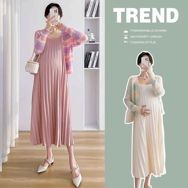 Spring Summer Maternity Dress Suits Block Color Knitted Striped Shirts + Strap Dress Twinset Long Loose Pregnant Woman Clothes Set