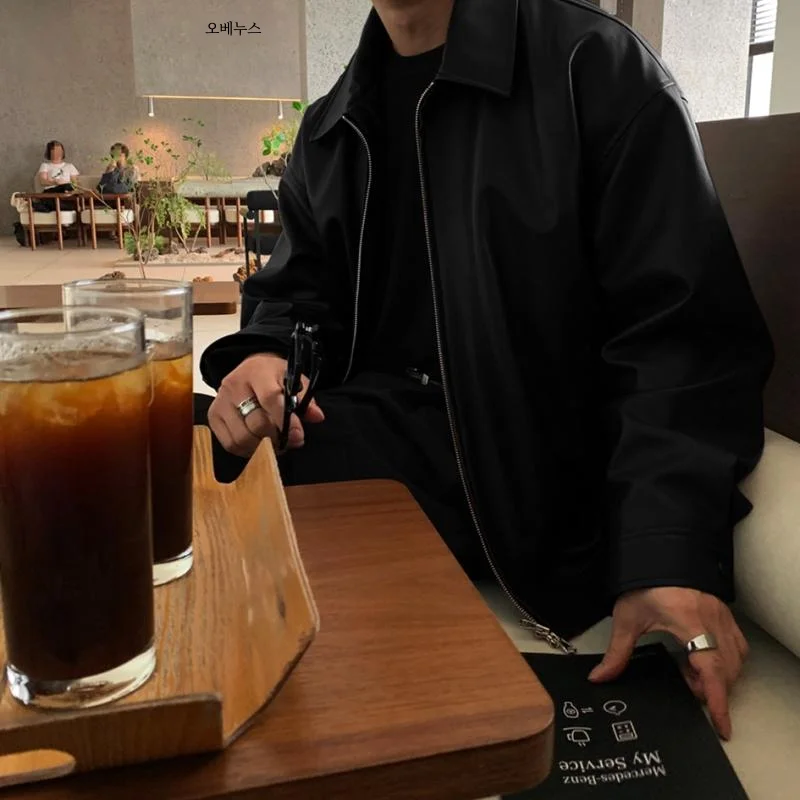 한국어 스타일 하이 엔드 느낌 솔리드 컬러 가죽 자켓 남성용 봄 가을 세련된 다목적 옷깃 작업복 지퍼 파이 자켓