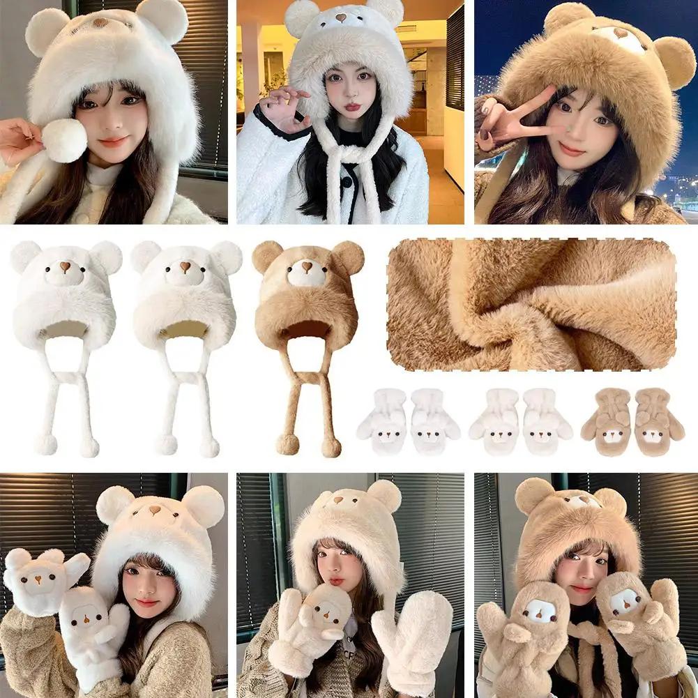 Plush Cute Bear Hat Women's Winter Gloves Fleece-lined Thick Windproof Cold-Proof Warm Beanie Hat Earmuff Headgear Cap Sets