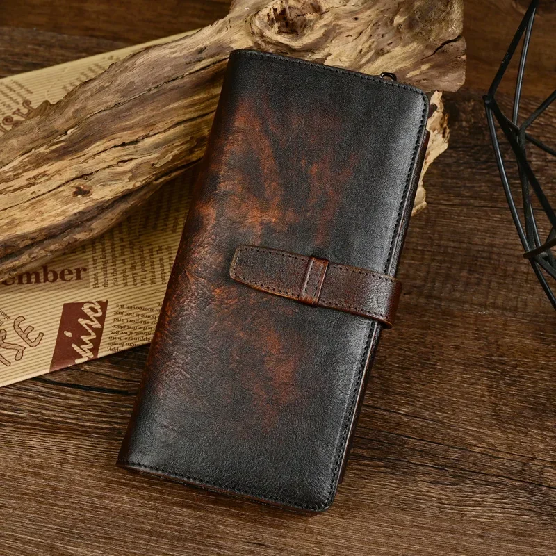 Vintage Distressed Leather Men's Wallet with Multiple Card Slots and Zipper Coin Pocket