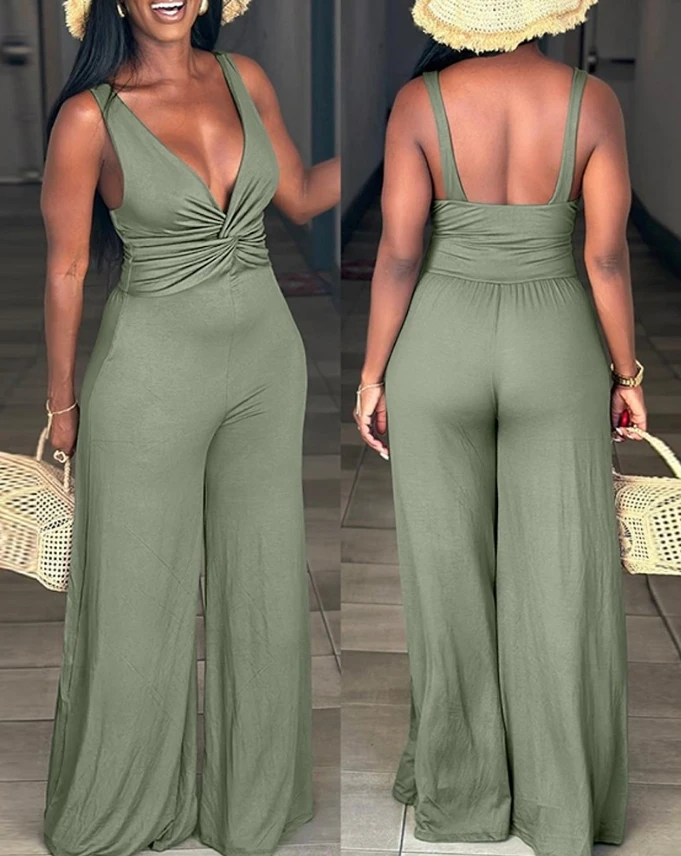 

Women's 2024 Summer Fashion New Style Plunge Twisted Ruched Jumpsuit Sleeveless Deep V-Knot Casual Solid Color Jumpsuit