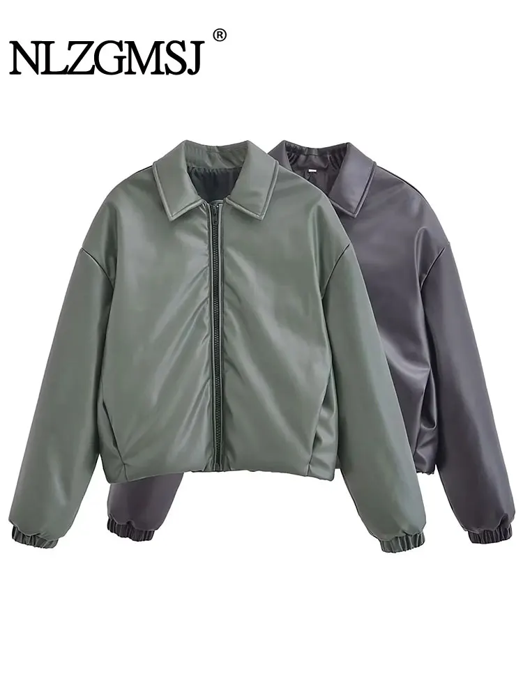 

TRAF 2024 Autumn Winter Women Bomber Jacket Warm Thick Zipper Loose Cotton Padded Coat Female Crop Top PU Parkas Y2K