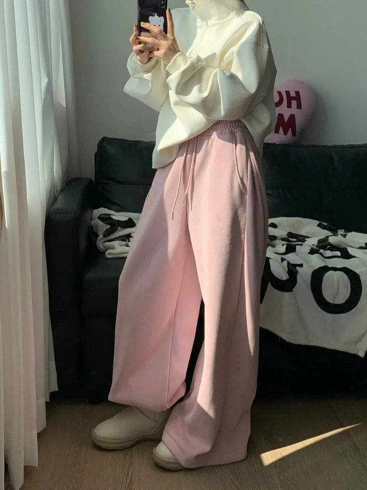 HOUZHOU Y2k Vintage Baggy Warm Sweatpants Pink Thick Korean Fashion Oversized Pants Harajuku Streetwear Trousers Winter Autumn 2