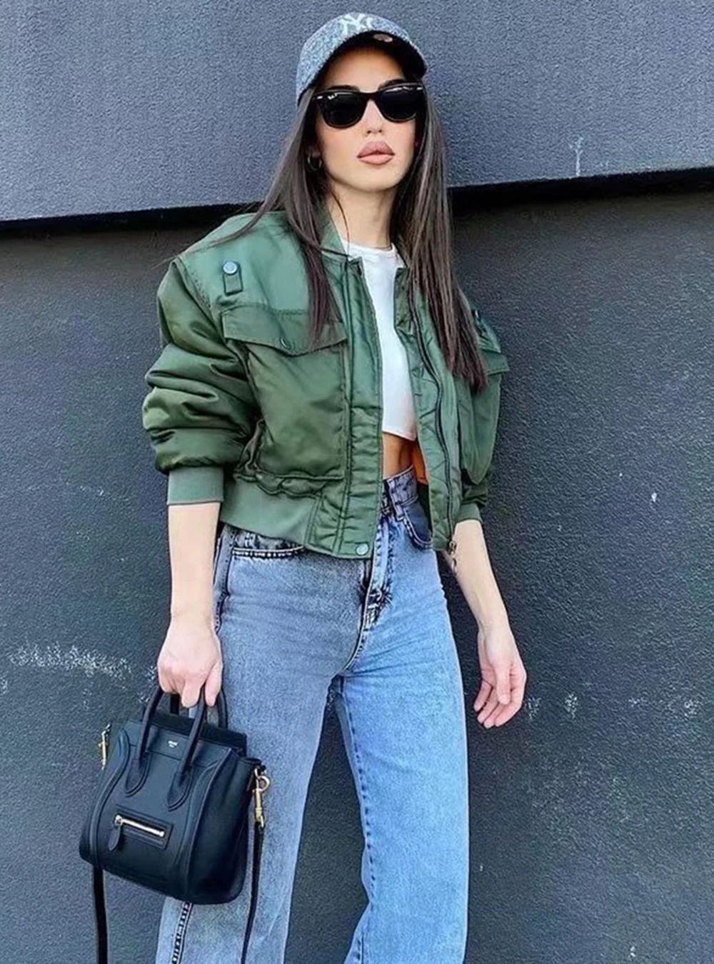 S3df9ad8ca7324a939557c6b6e8acfaf9U Women's Fashion Aviator Jacket Army Green Round Neck Long Sleeve Pockets Warm Jacket Autumn and Winter Women's Short Jacket Mallzona