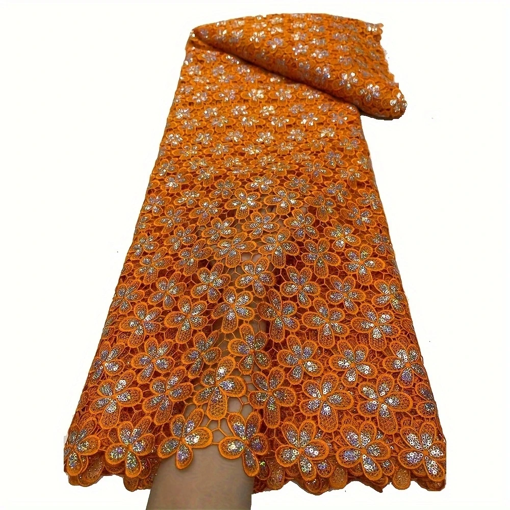 African Guipure Cord Lace Fabric With Sequins High Quality Lace Nigerian French Guipure Cord Fabric For Wedding Party