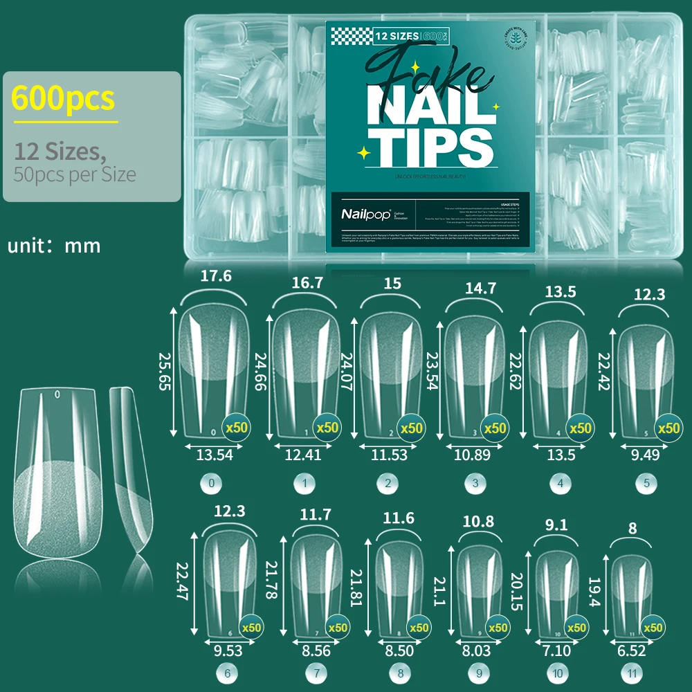 Soft Gel Nail Tips - Pre-Buff Full Cover Coffin, Almond, and Oval Shapes (600 Pieces)