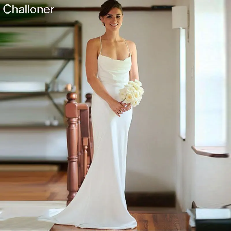 

Challoner Wedding Dresses For Women Simple White Mermaid Scoop Neck Lace Up Sexy Backless Vestido De Novia Satin Bride Gowns