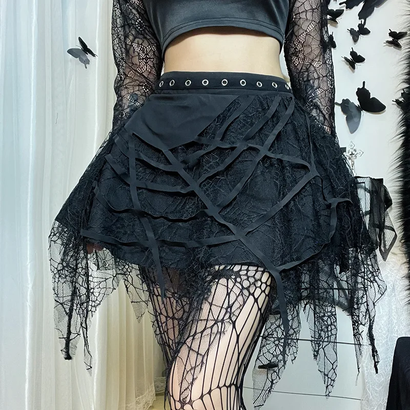 

Goth Black Lace A-Line Mini Skirts for Women Y2K Vintage Bandage Lolita Summer Skirt Gothic Faldas Clothes 90s Streetwear