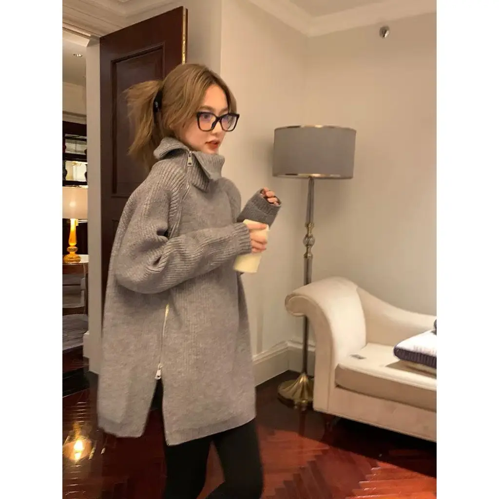 

Women's Sweaters 2023 Autumn Winter Long Sleeve Top Loose Knitted Polo Collar Zipper Solid Pullover Women Sweater Tops M63