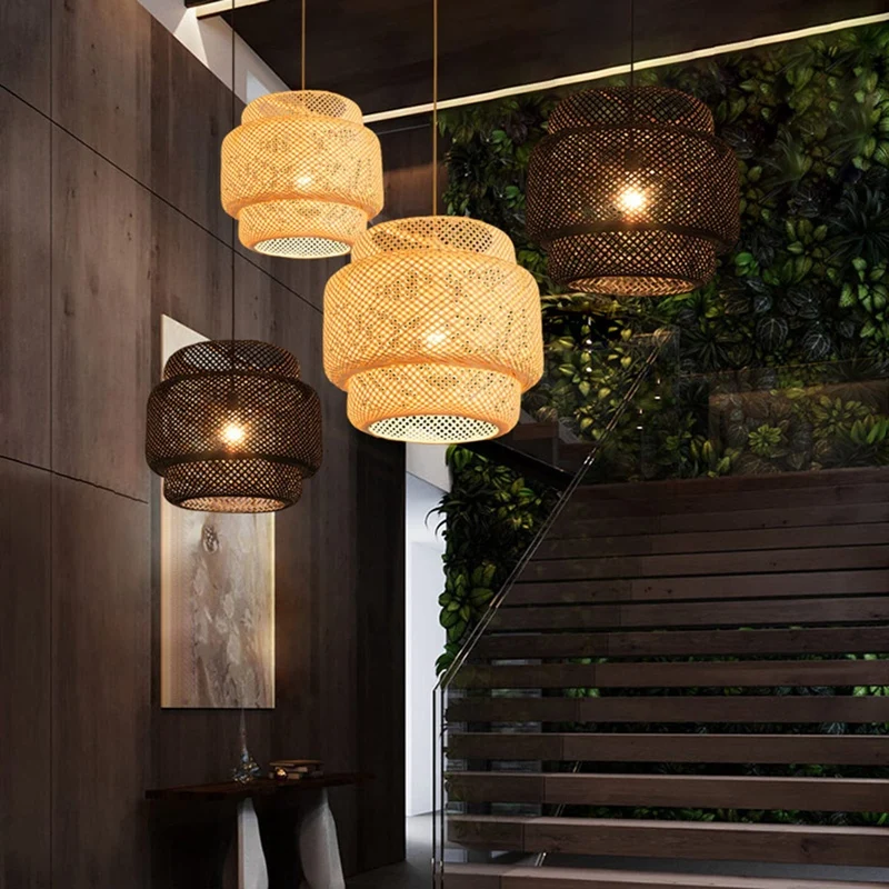 

Hot Pendant Light Ceiling Retro Hanging Cafe Lights Loft Japanese Style Hand Weaved Bamboo Woven Lampshade For Teahouse