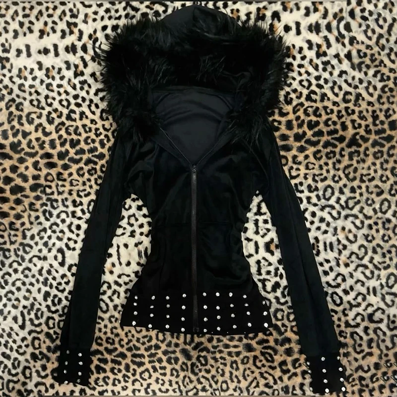 Y2K Fur Hood Zip Up Hoodie Women/Unisex Goth Streetwear Jacket | eBay