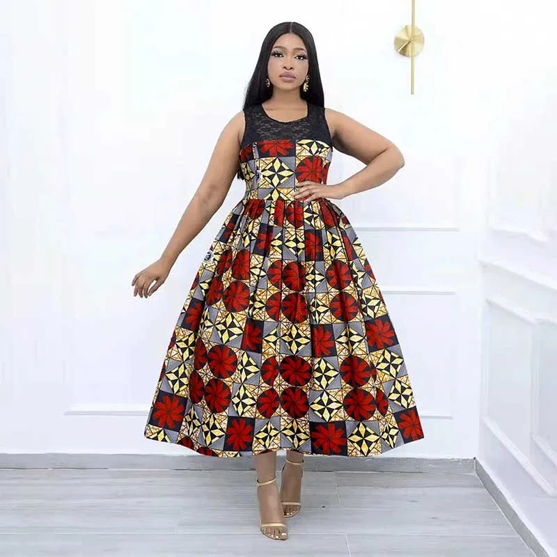 african attire for women Women Printed Sleeveless Dresses 2022 Summer Lace Splice A Line Dress Elegant Lady Evening Party Robes Vestidos African Clothes african outfits for women