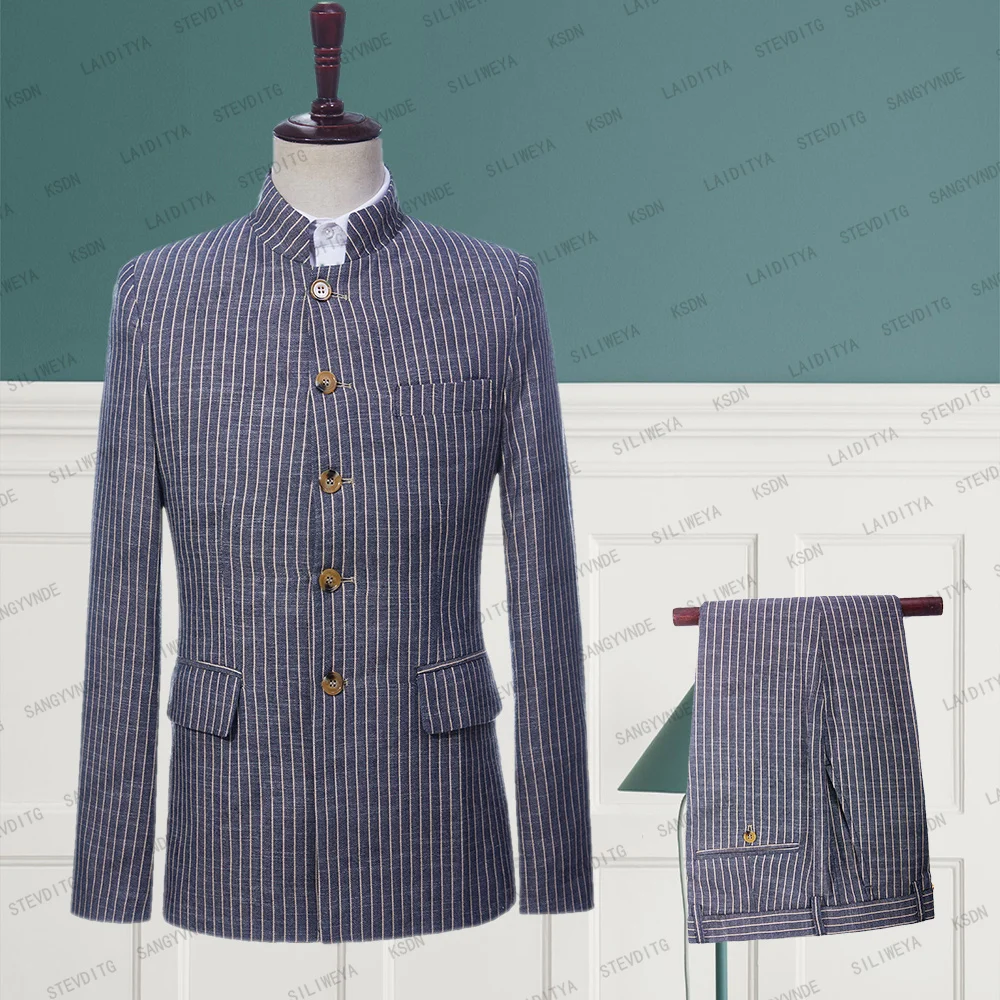 

Мужские костюмы, комплект из 2 предметов, весна-осень, льняные темно-синие вертикальные полосы, деловые, бриджи для выпускного, свадьбы, жениха, 2023 пиджак, брюки