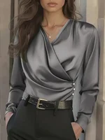 Women's Elegant Satin Wrap Blouse - Long Sleeve V-Neck Button Detail Top for Office & Casual Wear