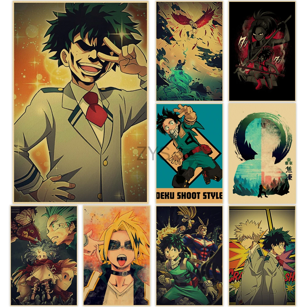 

My Hero Academia Poster Painting Midoriya Izuku Kraft Paper Bakugou Katsuki Print All Might Wall Art Pictures Living Room Decor