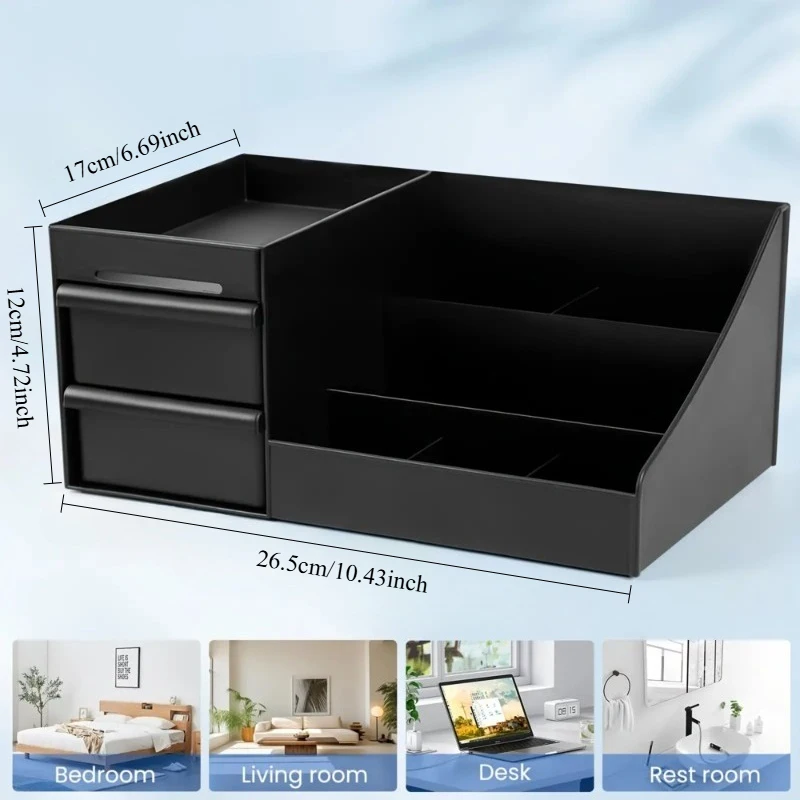 Black Desk Organizer with Drawers, Multi-Compartment Storage Box for Stationery, Makeup and Accessories - 4