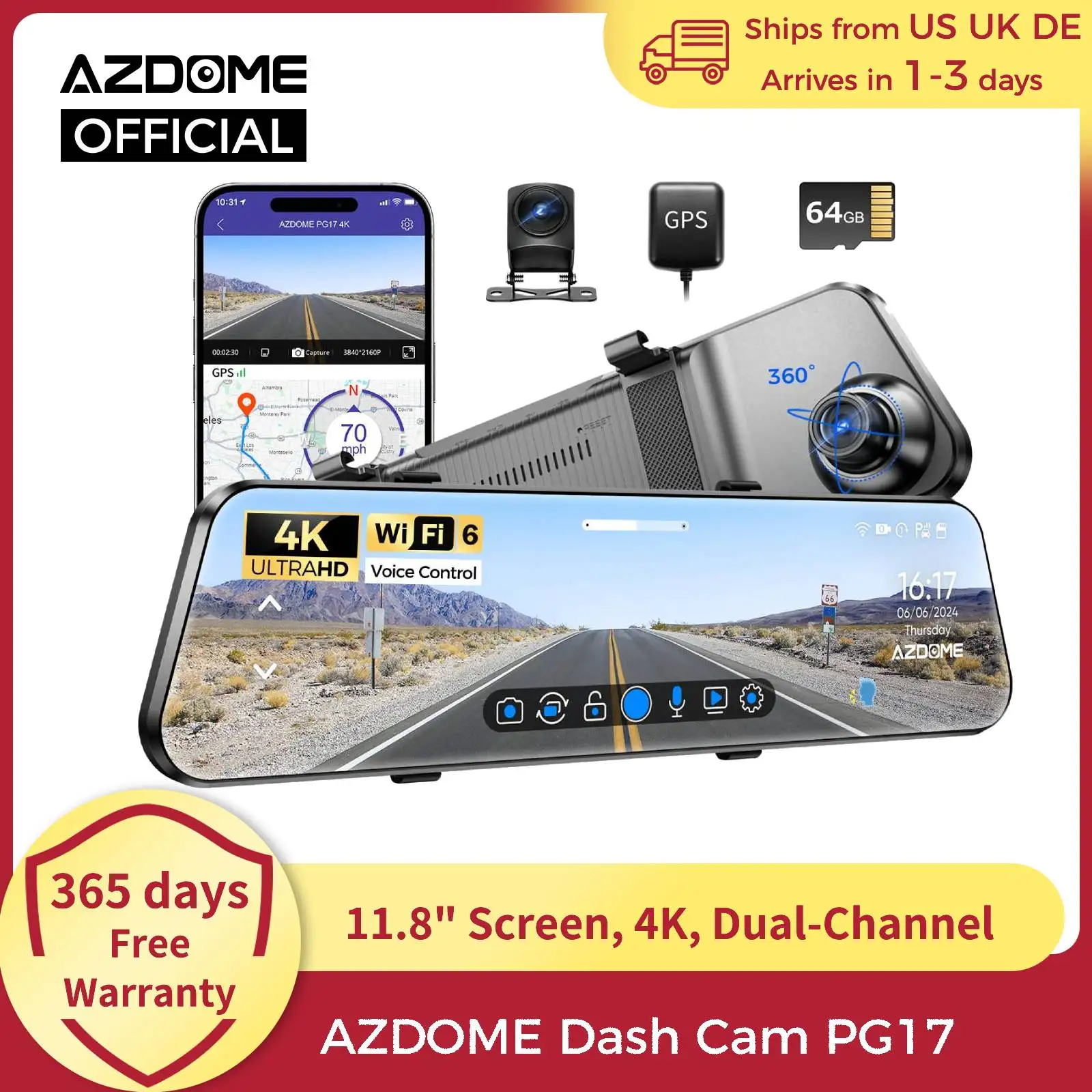 AZDOME PG17 12" WiFi Mirror Dash Cam 4K Front and 1080P Rear View Mirror Camera for Cars Dual Camera Waterproof Backup