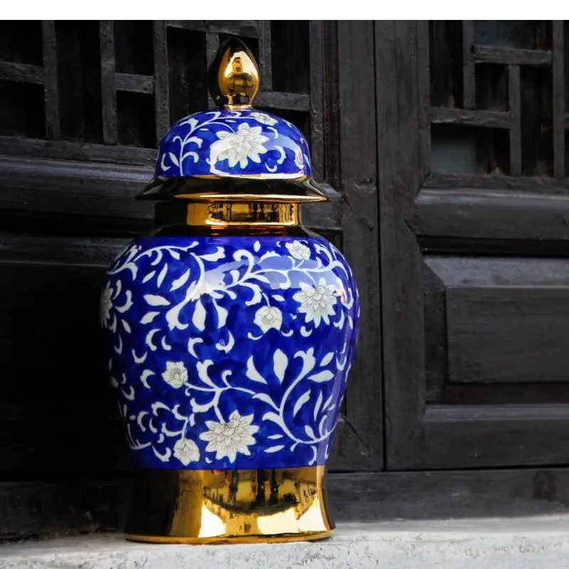 

Chinese-style Ceramic Ginger Jar Vase Home Crafts Decoration Living Room Storage Jar Relief Blue and White Porcelain General Jar