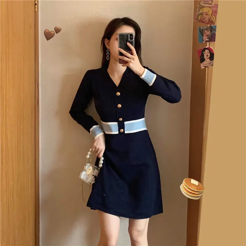 

Sweater Dress Women Long Sleeve Bodycon Knitting Sexy Slit Tight Mini Dresses Buttons Solid Color V Neck Pullover Clothes M796
