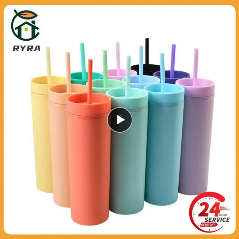 Wholesale 16oz Plastic Skinny Tumbler Slim Juice Cups Candy Colors With Lid  And Straw Portable Water Bottle For Party Gift - AliExpress