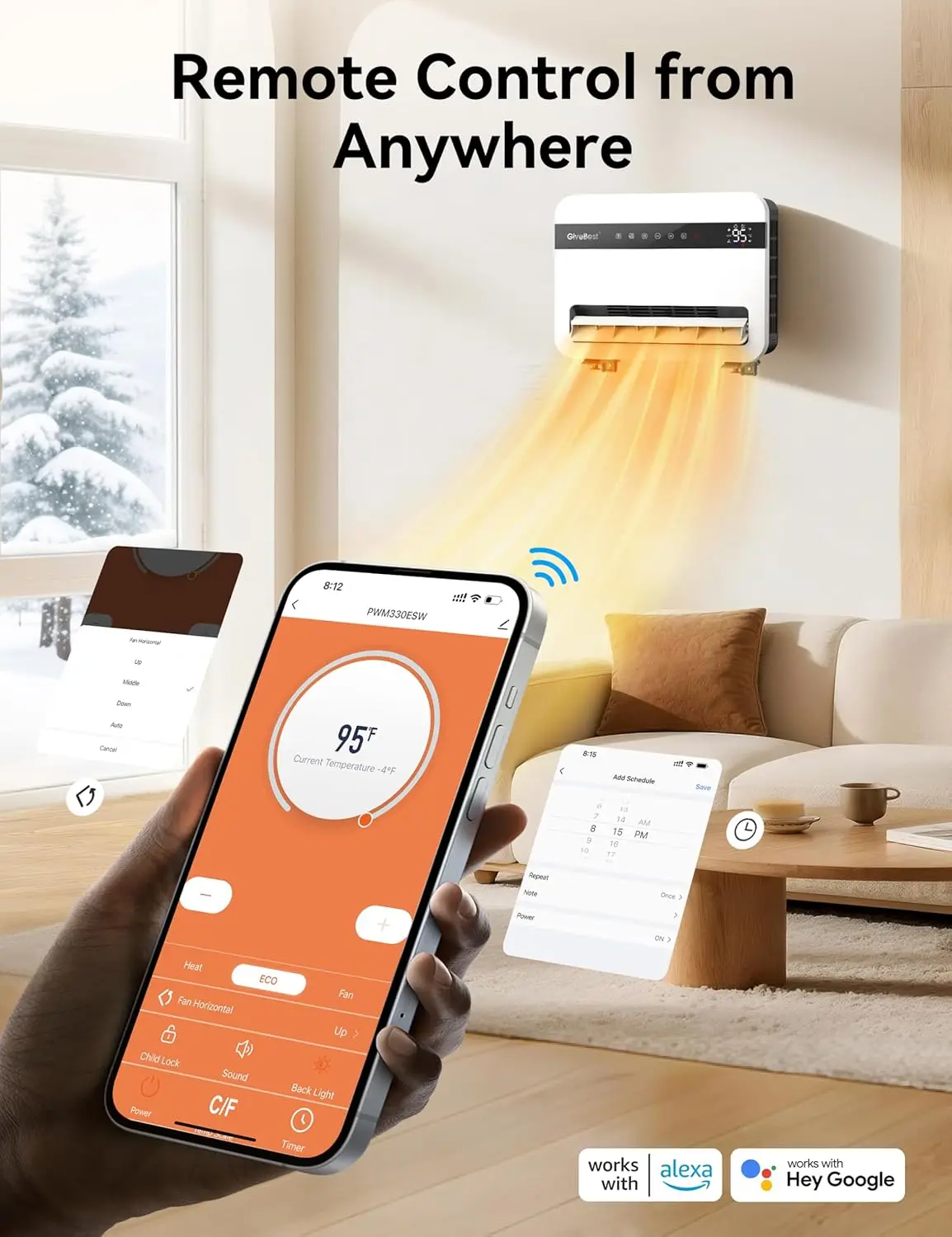 -Wall-Heater-for-Indoor-Use, 1500W Electric-Space-Heater, 120°Vertical Oscillation,Compatible with Alexa, Adjustable Thermostat