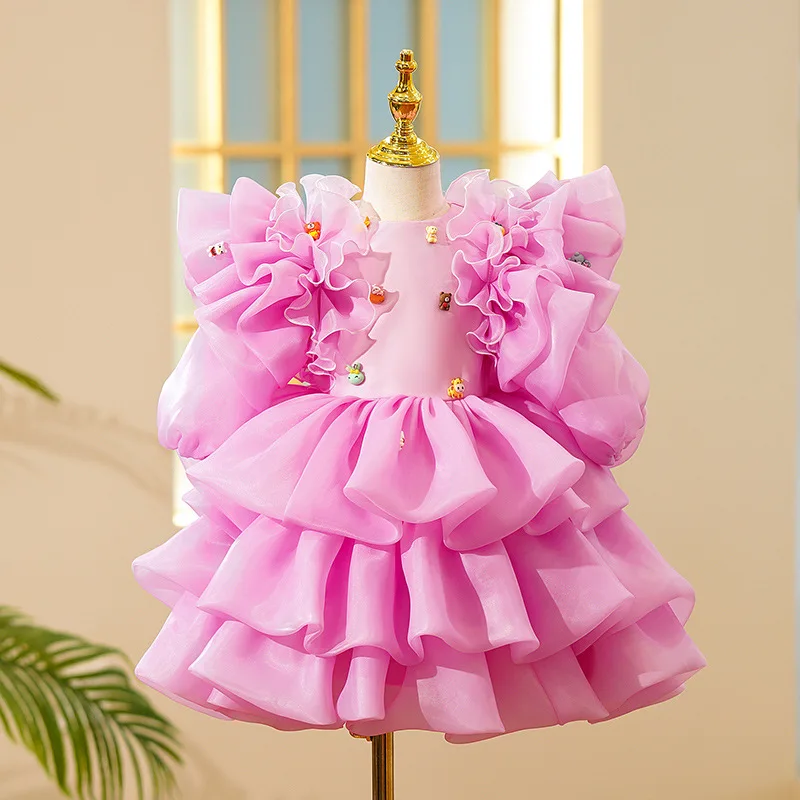 

Lovely Cartoon Princess Party cake Dress for girls dress high-end Baby clothes Puff Sleeve teens Pageant ball gown wedding dress