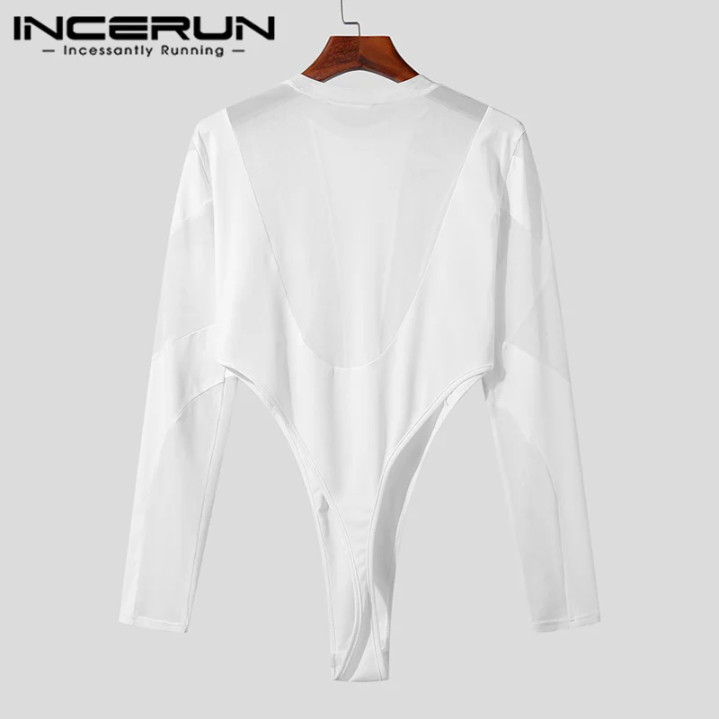 INCERUN 2023 Sexy Men Rompers Fashion See-through Mesh Hole Panel Jumpsuits Casual Solid Comfortable Long Sleeve Bodysuits S-5XL
