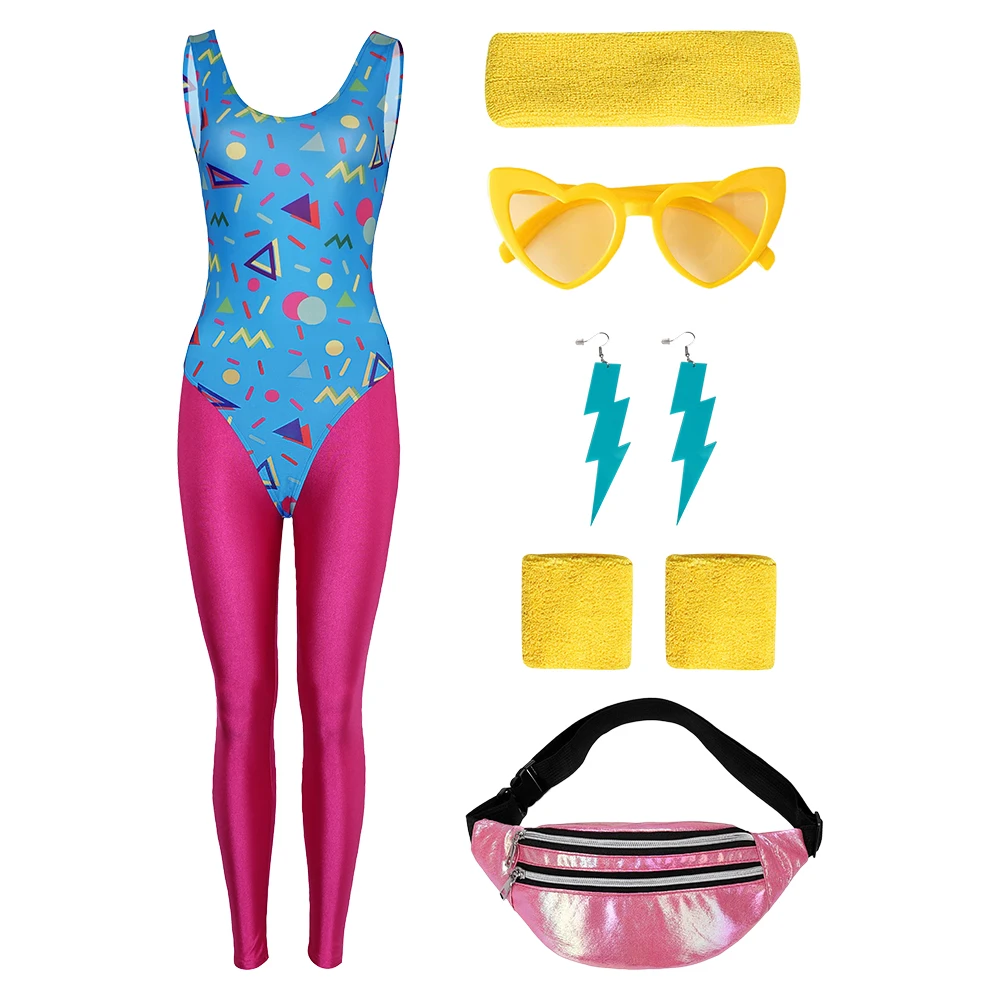 thumbnail image 1 of Conjunto de 8 leggings de los años 80 y 90 para mujer adulta, disfraz retro de Cosplay, ropa deportiva para Halloween, diadema, traje de carnaval, 1 of 5