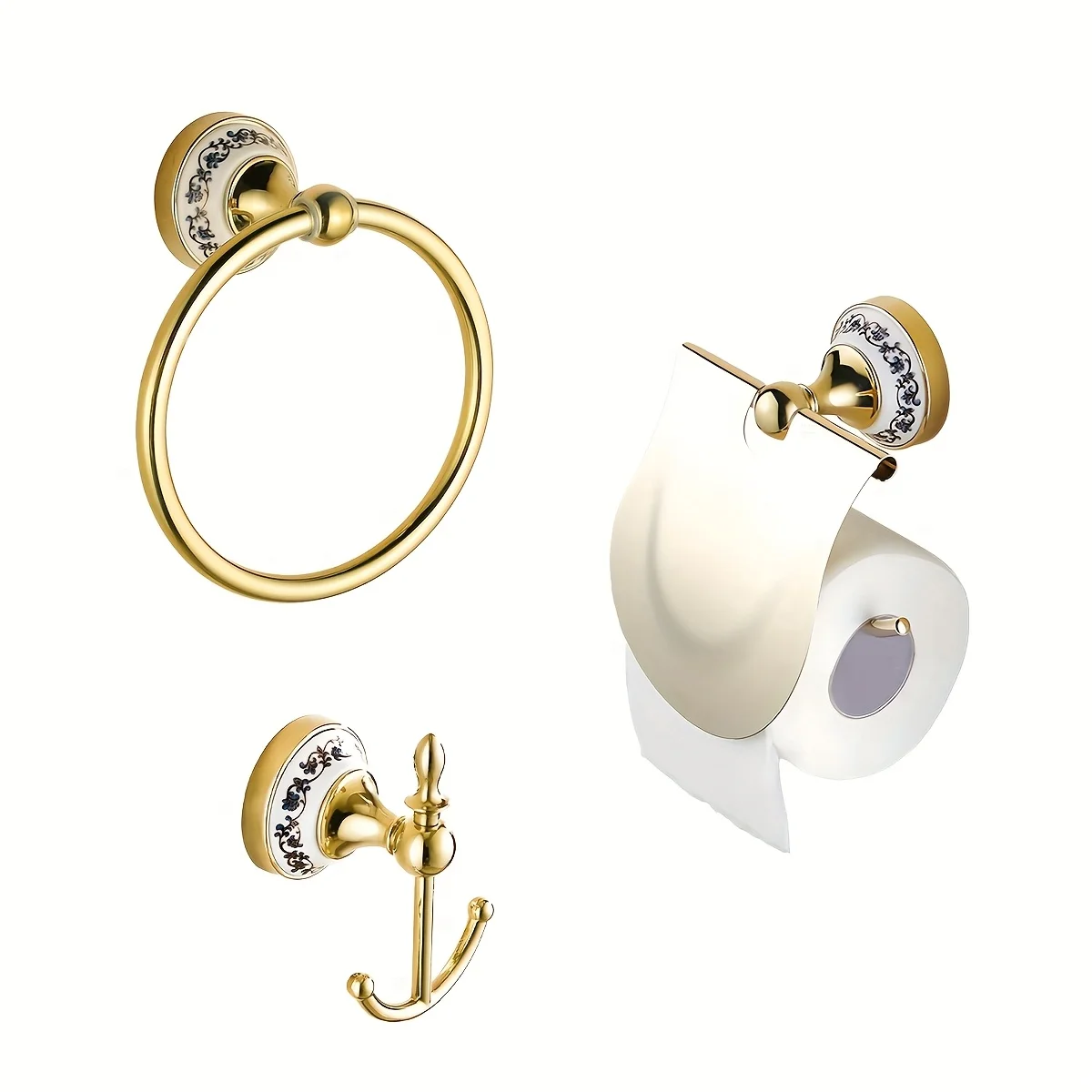 ที่ใส่กระดาษชำระสไตล์ยุโรป ลายคราม พร้อมตะขอแขวนสองอัน ห่วงแขวนผ้าเช็ดตัว และที่ใส่กระดาษชำระแบบมีฝาปิด  ที่ใส่กระดาษชำระลายครามเคลือบทอง  ติดตั้งแบบเจาะ 1
