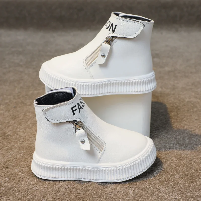 Leather Kids Boots with Side Zipper and Non Slip Sole