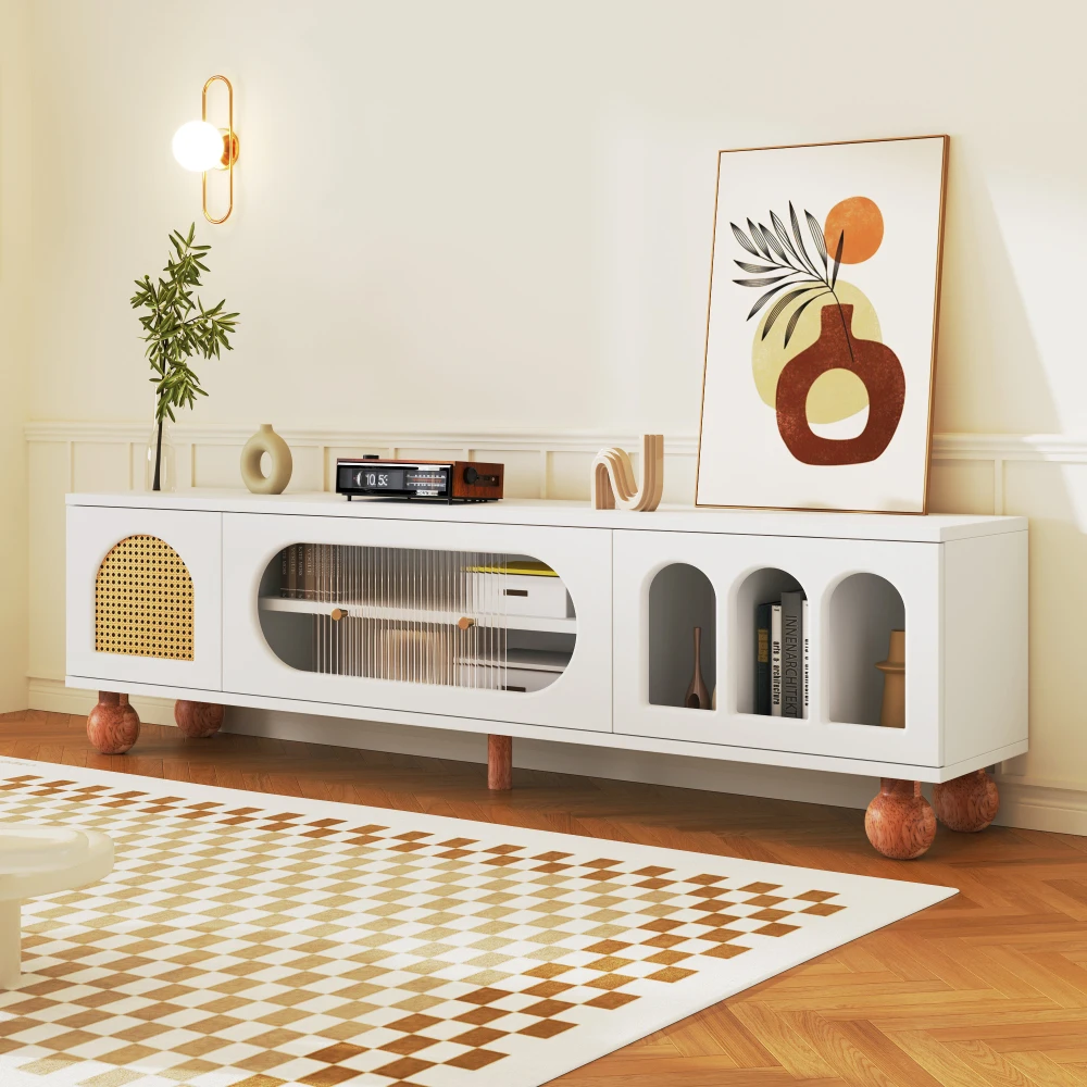 PINGGO Moderner TV-Ständer mit Rattantür, Glasschiebetür, 3 offenen Bögen, Lowboard mit goldenen Griffen, Massivholzfüßen, Wohnzimmermöbel – Detail 5