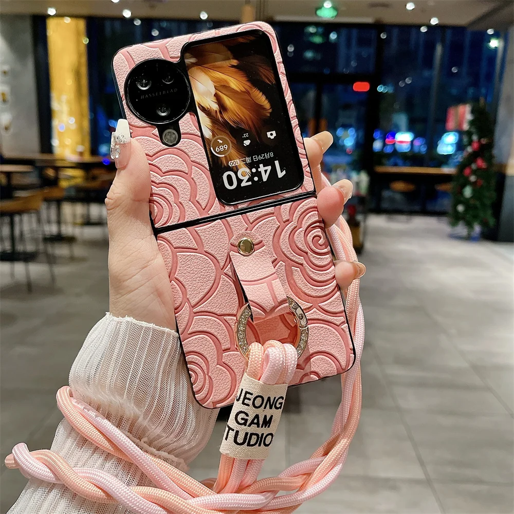 Camellia Diy Phone Case For OPPO Find N2 N3 Flip Long Lanyard Protective Shell Cover
