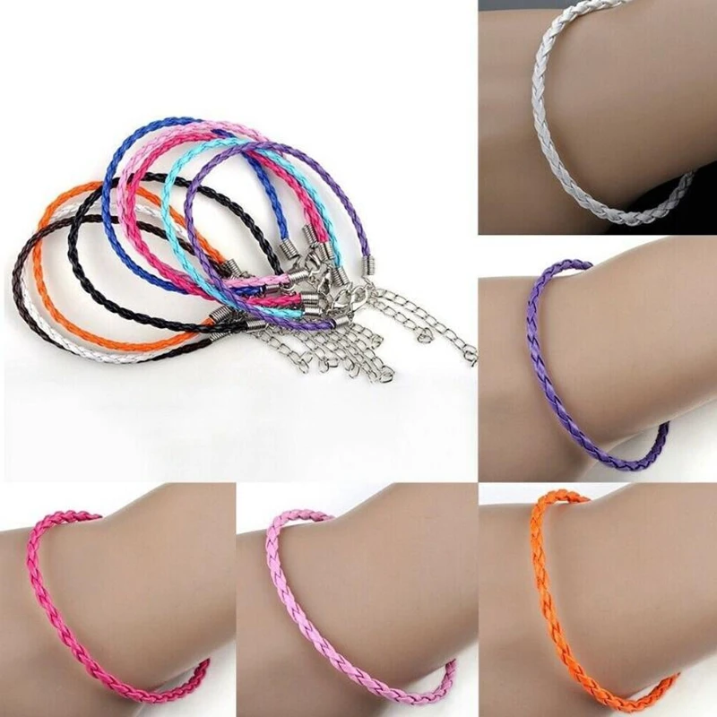 Multicolor Braided Leather Cord Bracelet Lobster Clasp String Extended Metal Chain Bracelet Adjustable Jewelry Making 10pcs/Lot