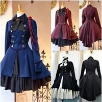 2024 Vintage Gothic Lolita Dress OP Ruffle Bow tie Button Lace Up Knee Length Dress Long Sleeve Sweet Dress 1