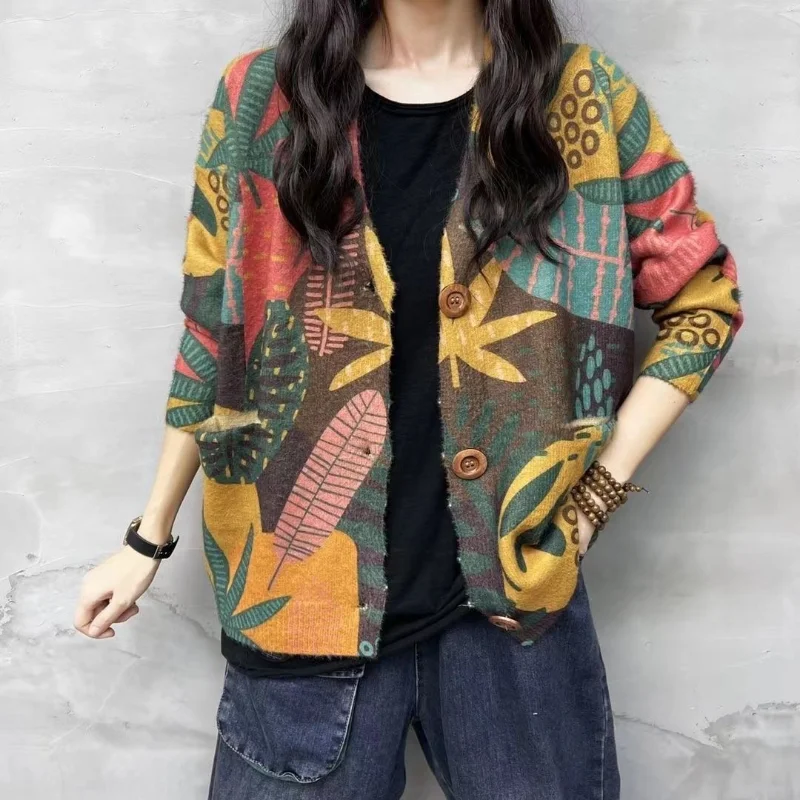 

New Women's Long Sleeved Knitting Cardigan Jackets Harajuku Vintage Sweaters Coats Printed Mink Wool Tops Loose