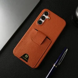 Premium Genuine Leather Card Holder Phone Case Cover for Galaxy S20 Ultra (Orange 6308)