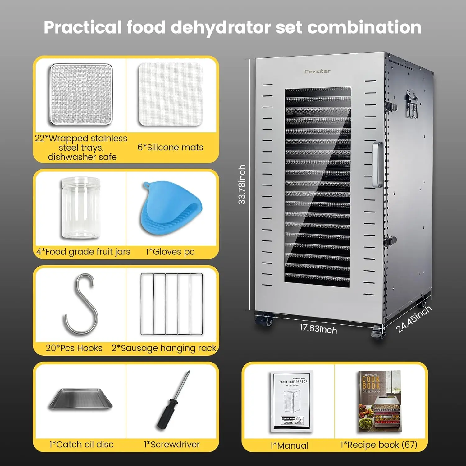 Food-Dehydrator Machine 22 Trays, 220V Large Food-Dehydrator for Jerky 104ºF-194ºF, Fruit Dehydrator with 6 Silicone 6