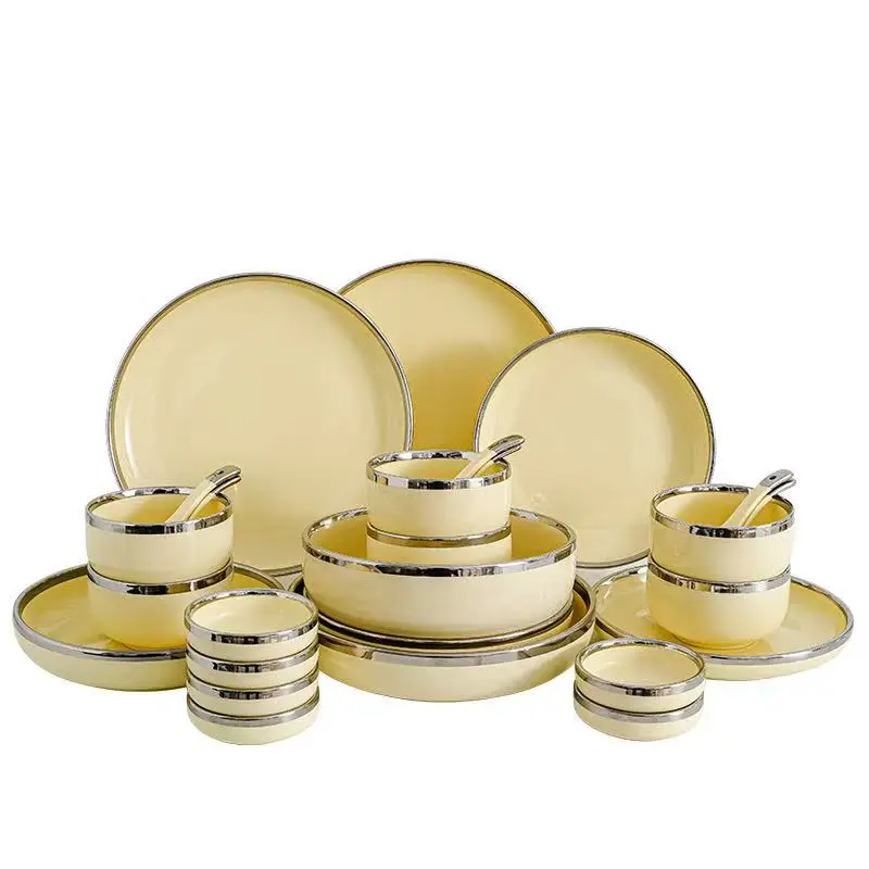 Creamy Yellow Ceramic Plates With Silver Rim Steak Serving Plate Bowls Ins Dinner Dish Porcelain Dinnerware Set For Family Hotel