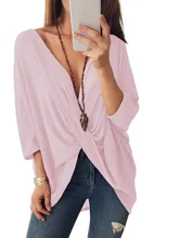 

Fashion Women Sexy Cross Deep V Neck Tops Pleated Knitted Three Quarter T Shirt Female Ladies Pullover Solid Color Loose Shirt
