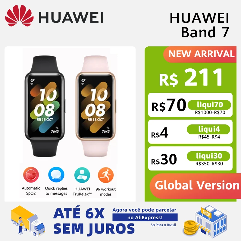 Em estoque Global Version huawei banda 7 banda inteligente de oxigênio no sangue 1.47 inch inch polegada rastreador de freqüência cardíaca smartband 2 semanas de vida da bateria